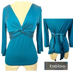 Y2K BeBe Top Jersey Knit Babydoll Teal Tie SM Club Baddie Mallcore Office Career